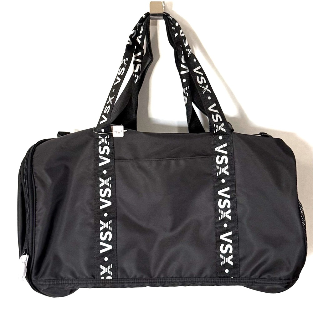 Victoria's Secret Duffle Tote Bag VSX Logo Nylon Black White Packable Foldable